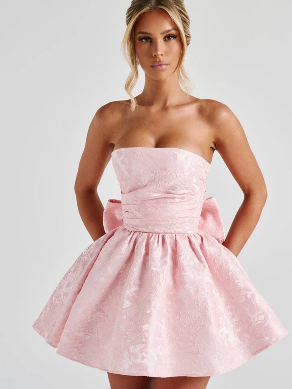 Strapless Pink Mini Dress with Bow Detail
